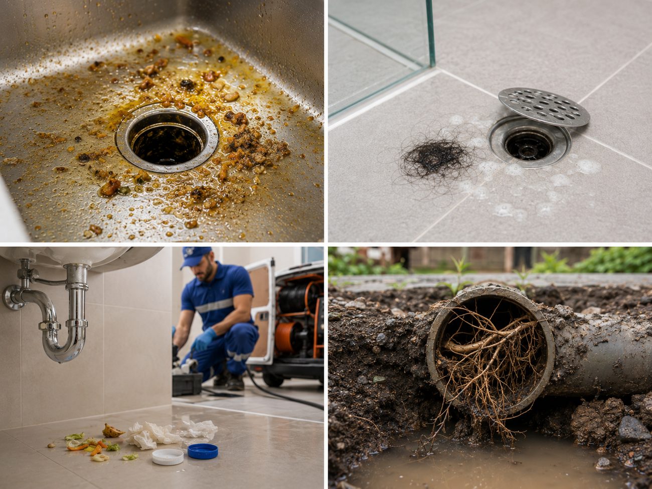 Common causes of blocked drains including grease hair food waste and roots