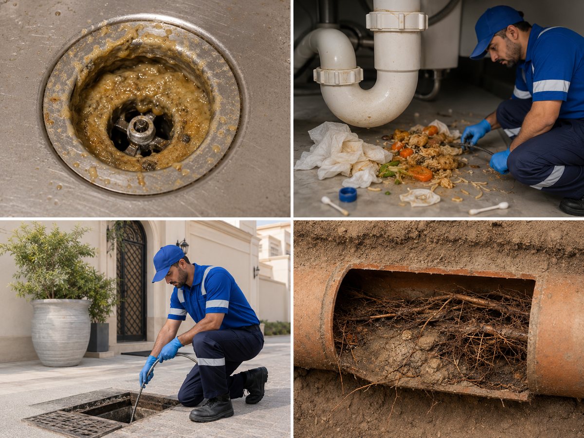 Common causes of emergency blocked drains in Dubai including grease wipes sand and roots