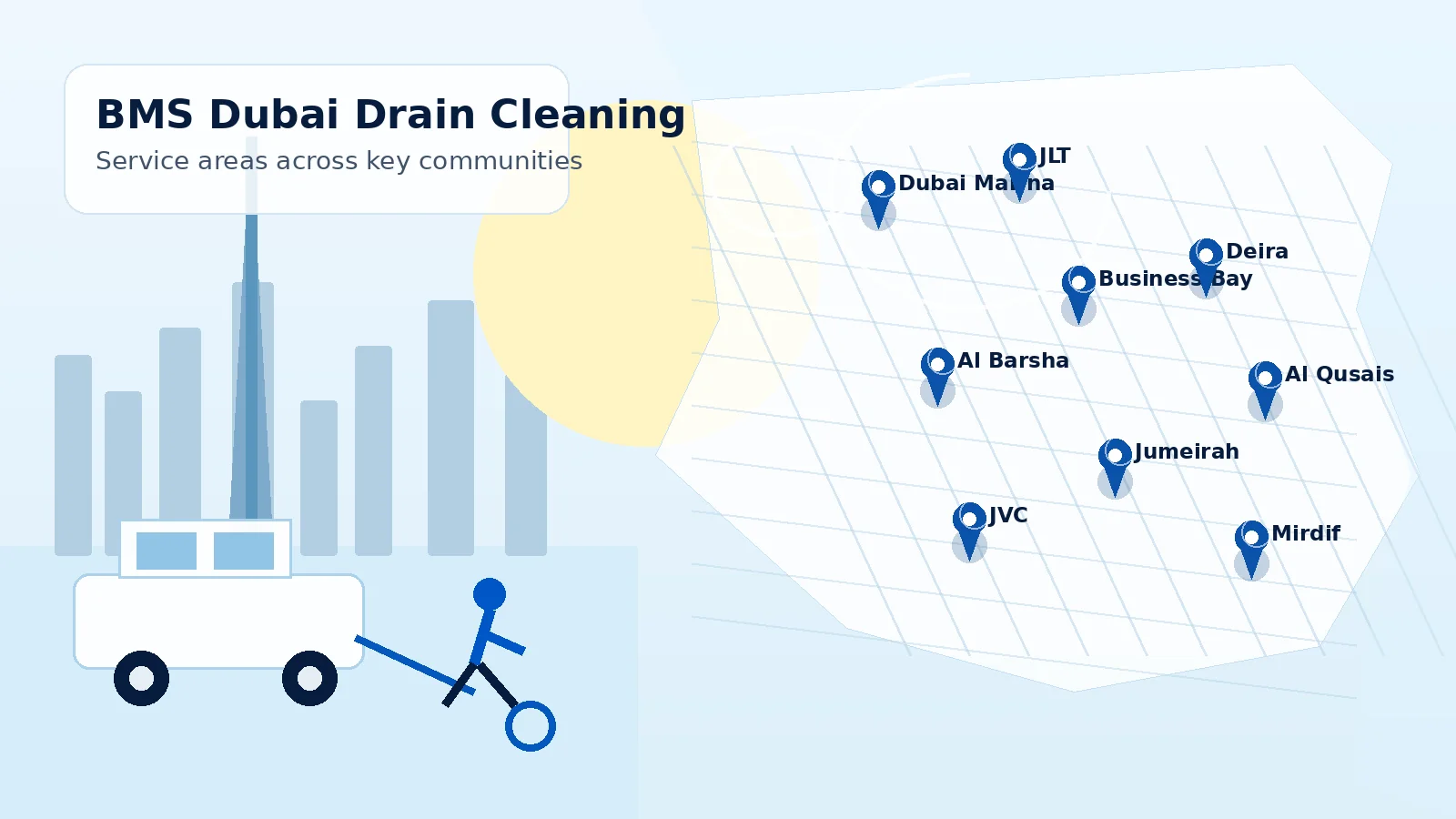 BMS drain cleaning service areas map for Dubai communities
